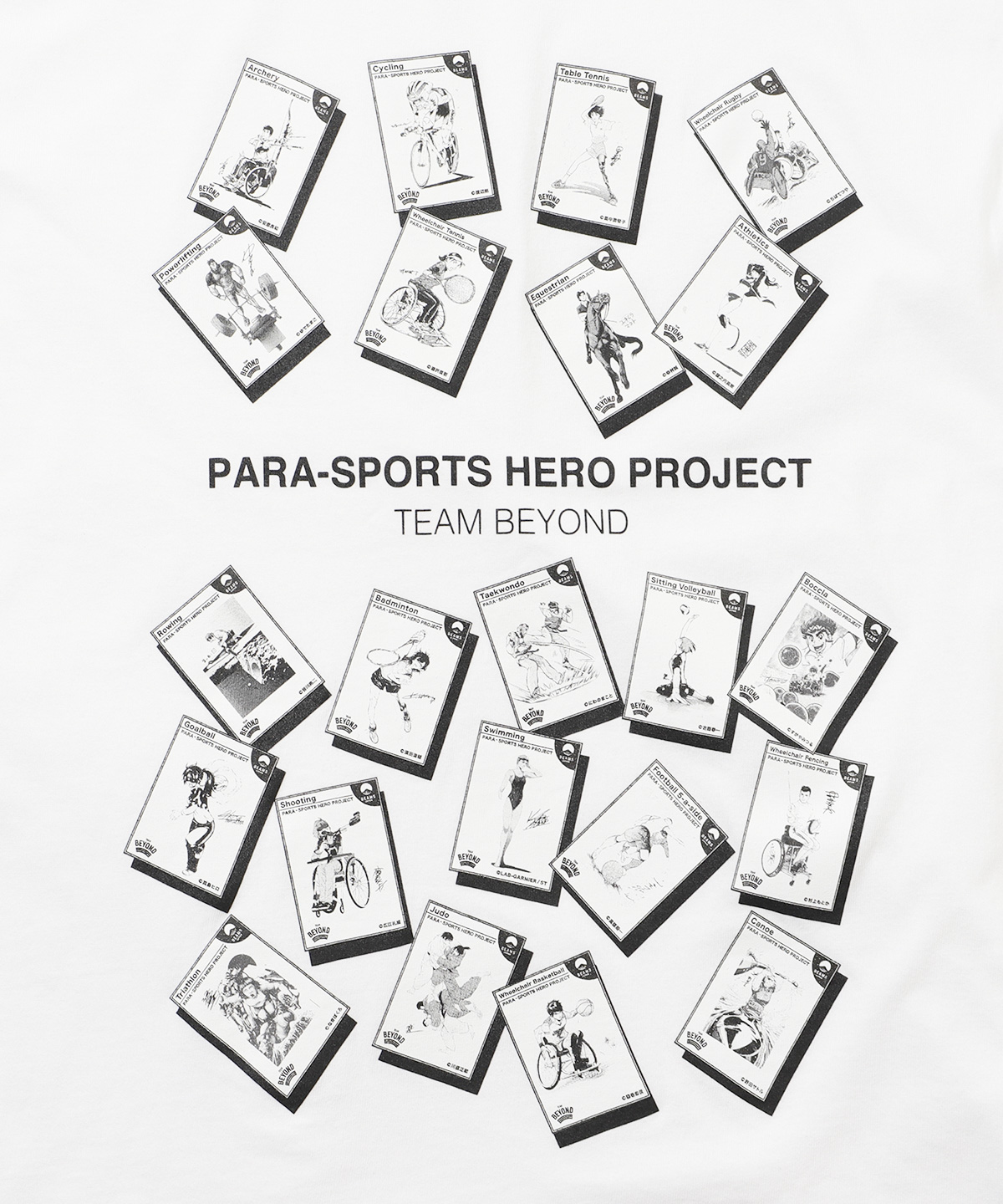 BEAMS JAPAN 、日本を代表する漫画家22名がパラアスリートを描いた限定Tシャツを発売のサブ画像1_日本を代表する漫画家たちが描いた22競技のパラアスリートを、フロント一面にカード状で散りばめたTシャツのデザイン。